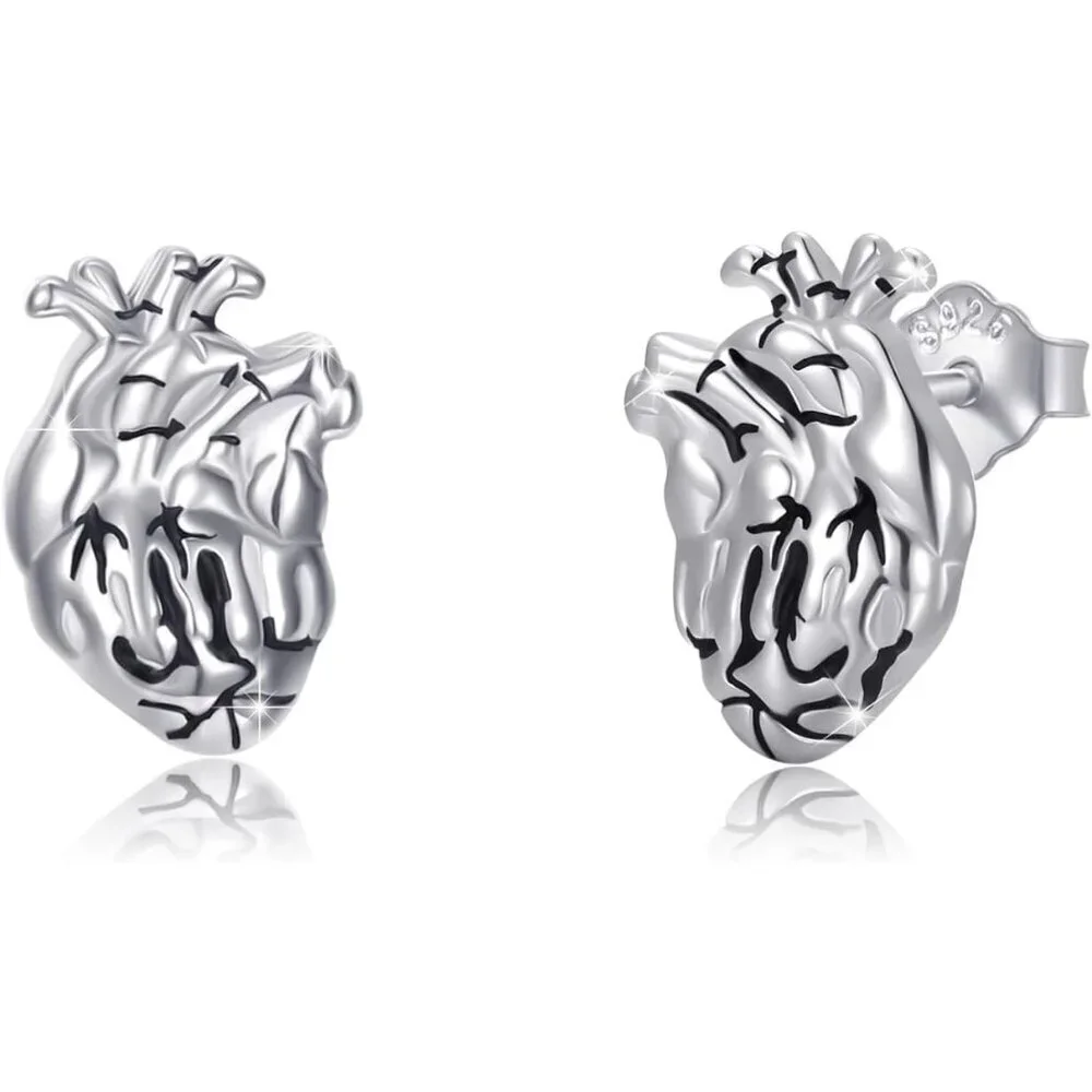 Women's Anatomical Heart Skull Earrings 925 Sterling Silver Skeleton Hand